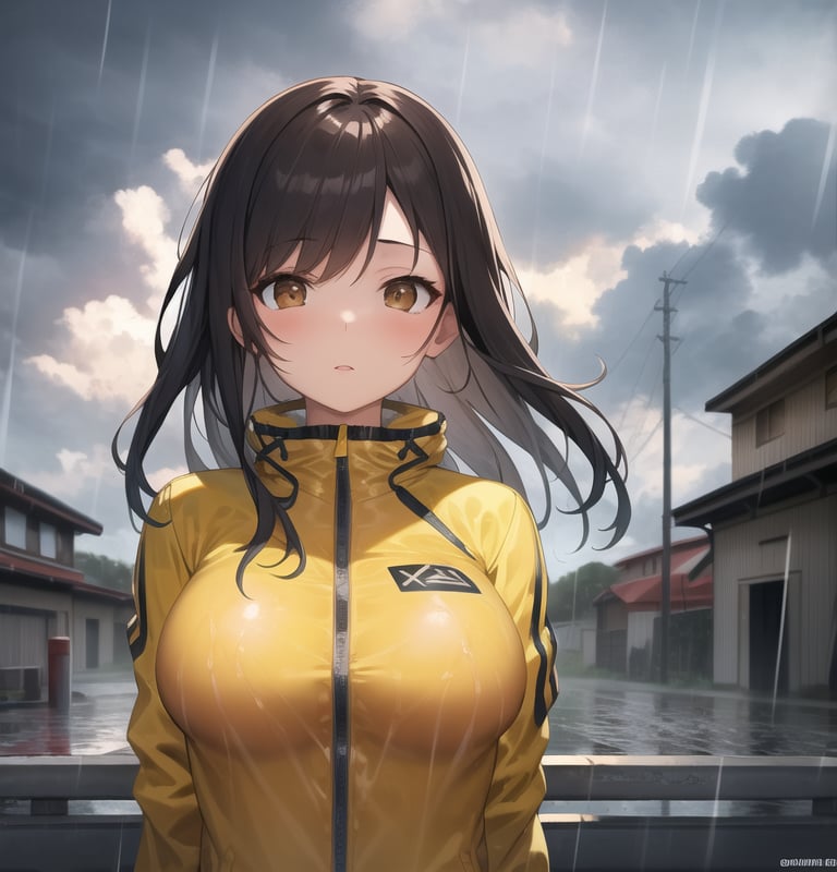 masterpiece,best quality,1girl,brown eyes,upper body,yellow rain jacket,storm clouds,puddles,breasts