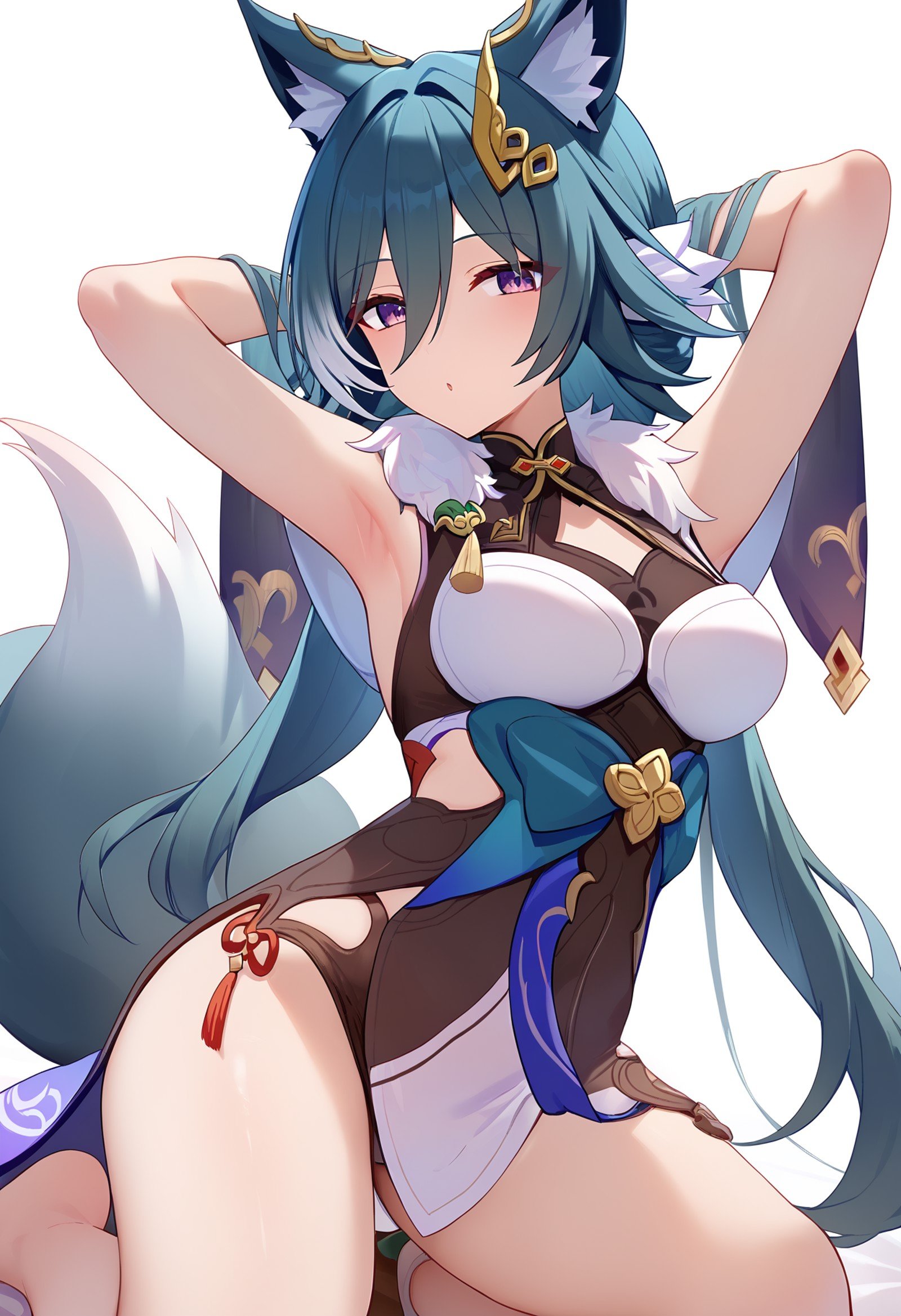 score_9,kneeling, arms behind head, seiza,solo,looking at viewer,flower,full body,simple background,white background,score_9,yukong \(honkai star rail\),fox girl,animal ear fluff,1girl,bare shoulders,fox tail,hair ornament,<lora:pony_char_yukong_(honkai_star_rail)-000040:1>