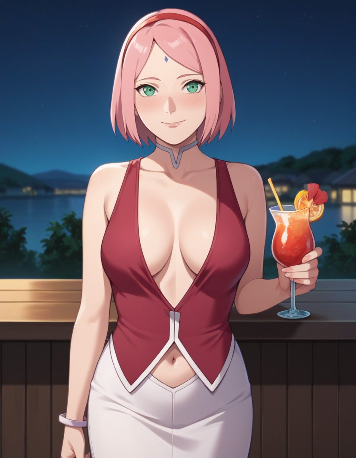 score_9,score_8_up,score_7_up, source_anime, mature female, night, embarrassed bodycon dress, skin tight, mini dress, plunging neckline, cocktail dress, slutty, blush, smile, 1girl,  outdoors, looking at viewer, nsfw, cowboy shot, sakurabr, haruno sakura, 1girl, forehead mark, red hairband <lora:SakuraAdamW8-10:1>   midriff, navel, village