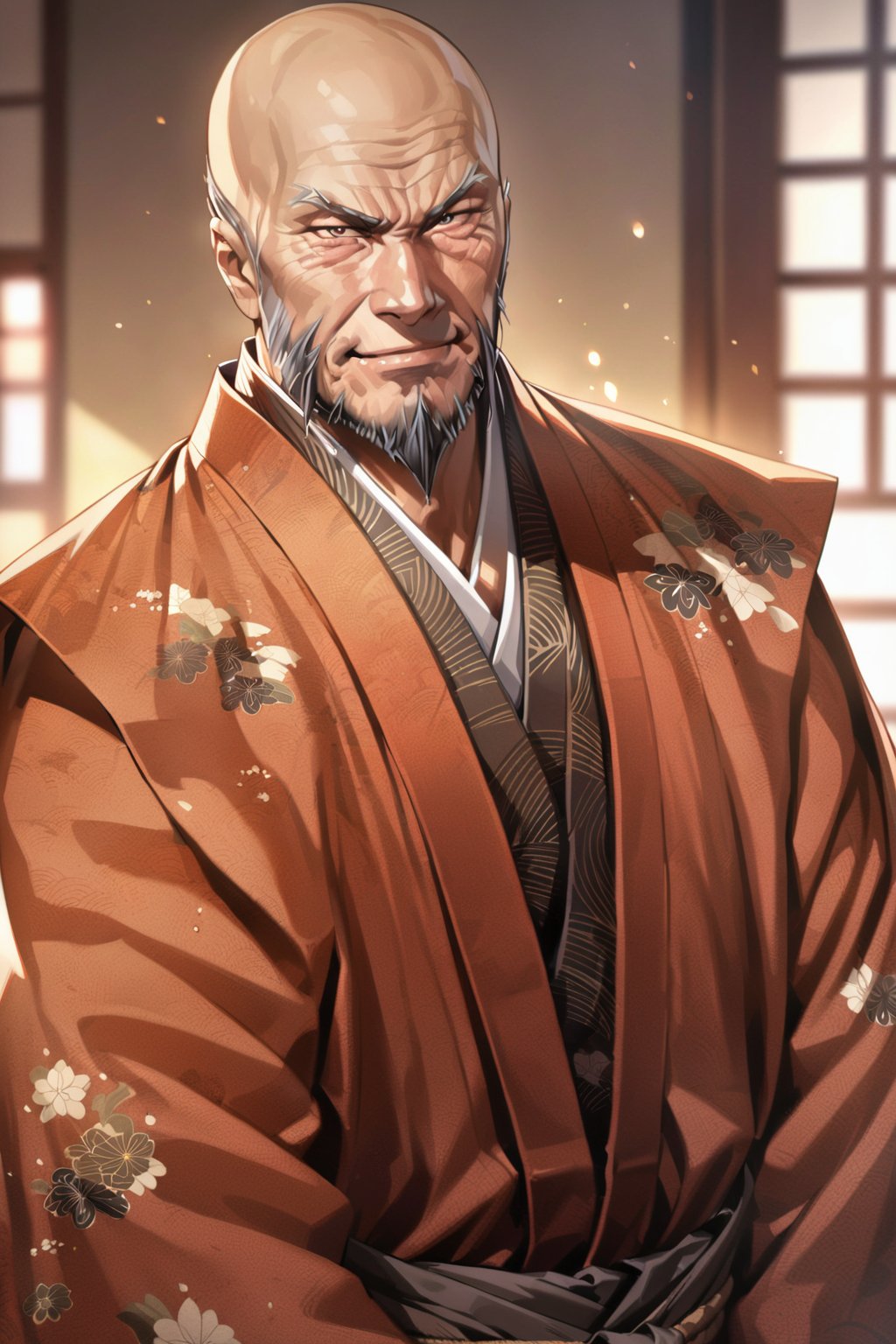 cowboy shot, (((smile))), saitou dousan, samurai, 1man, solo, japanese, male, kimono, bald hair, old man, beard, (masterpiece, high-quality, breathtaking, highres, ultra detailed), (expressive eyes, perfect face) <lora:saitou dousan 526:1>