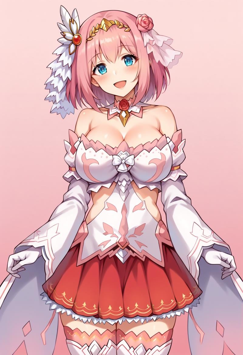 score_9, score_7_up, hd, (ultra hd quality details), source_anime, gradient background, pink background,solo, 1girl, large breasts, yuipcrbase, pink hair,ykpformdress, hair ornament, tiara, flower, detached collar, cleavage, bare shoulders, detached sleeves, wide sleeves, white gloves, red skirt, thighhighs, knee boots,looking at viewer, blush, smile, head tilt, open mouth,standing,<lora:_yui_pcr-elesico-ponyr1:1> 