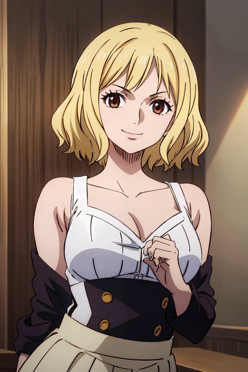 2d, masterpiece, best quality, anime, highly detailed face, highly detailed background, perfect lighting, wano, 1girl, solo, looking at viewer, short hair, wavy hair, bangs, blonde, black eyes, ringed eyes, smile, white top, white cleavage, large breasts, brown skirt, brown high-waist skirt, medium butt, high boots, side focus, <lora:wanostyle-10:1> 