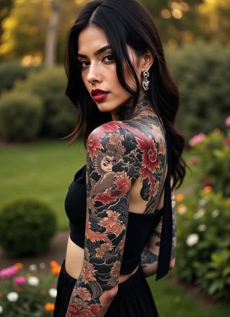 A striking image of a beautiful woman with a full-sleeve tattoo depicting iconic Japanese imagery, standing gracefully in a serene garden. A medium shot capturing her elegance and the tattoo’s details, lush greenery and colorful flowers framing the scene. Warm evening light enhances the vibrancy of the colors. <lora:Japanese_style_full_sleeve_tattoo-000001:1>