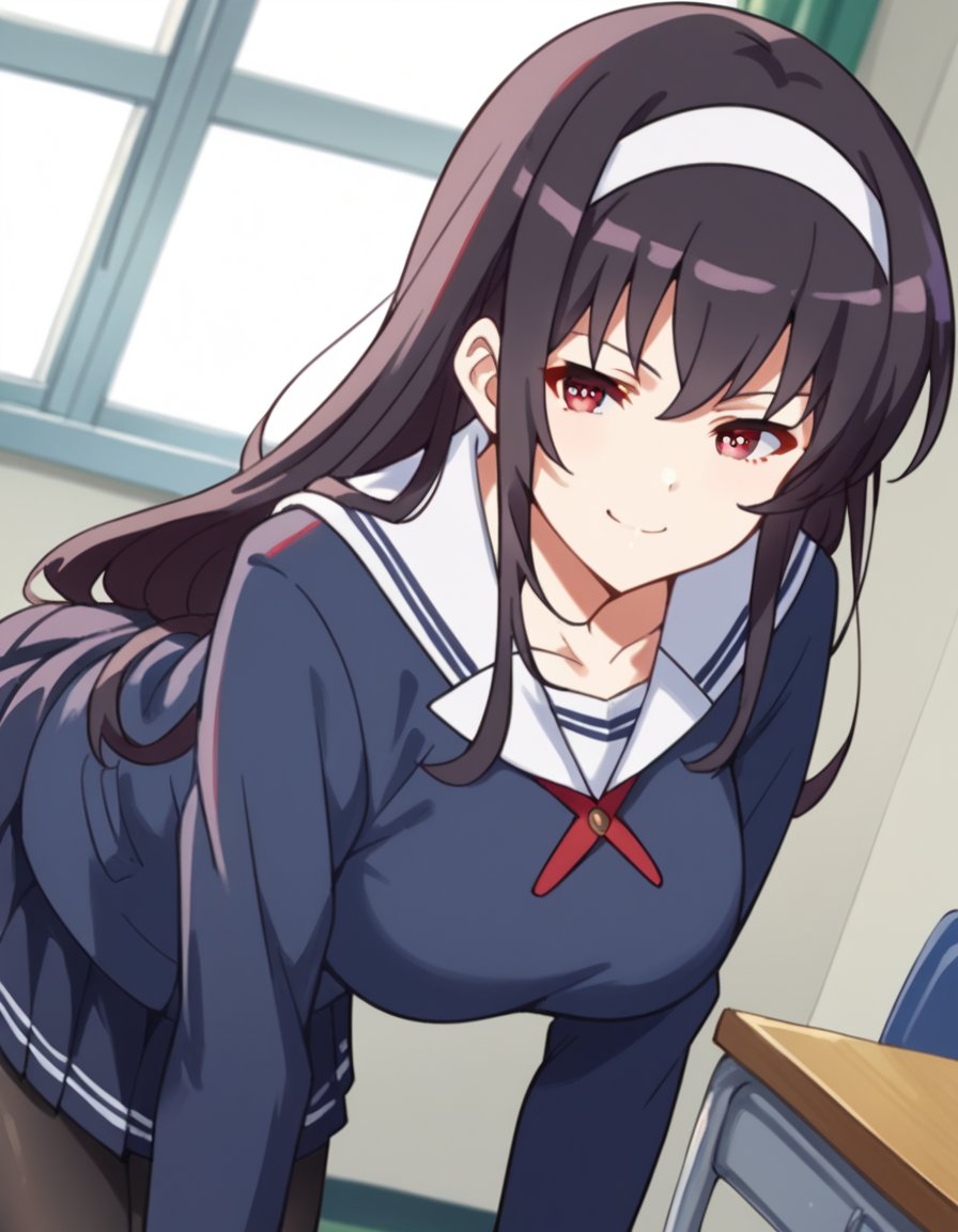 score_9, score_8_up, score_7_up, source_anime, <lora:utaha-kasumigaoka-s2-ponyxl-lora-nochekaiser:1>, utaha kasumigaoka, black hair, hairband, long hair, red eyes, large breasts,, long sleeves, school uniform, skirt, pantyhose,, indoors, bent over, smile, smug, looking at viewer, solo,, cowboy shot, dutch angle