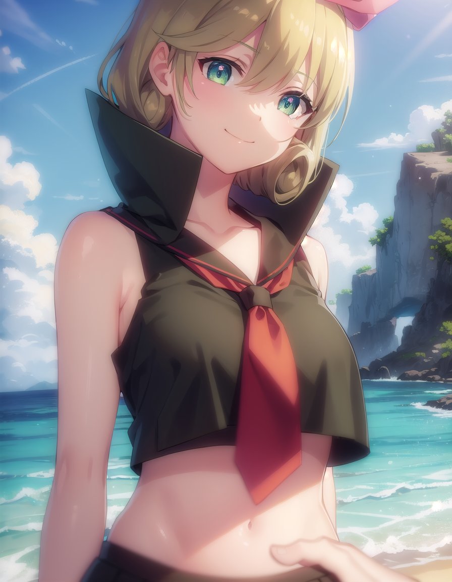 skharuka, <lora:sk haruka s1-lora-nochekaiser:1>,haruka, short hair, blonde hair, (green eyes:1.3), hair bow,BREAK skirt, bow, navel, necktie, serafuku, midriff, crop top, (black serafuku:1.2),BREAK outdoors, beach,BREAK looking at viewer, (cowboy shot:1.5), smile,BREAK <lyco:GoodHands-beta2:1>, (masterpiece:1.2), best quality, high resolution, unity 8k wallpaper, (illustration:0.8), (beautiful detailed eyes:1.6), extremely detailed face, perfect lighting, extremely detailed CG, (perfect hands, perfect anatomy),