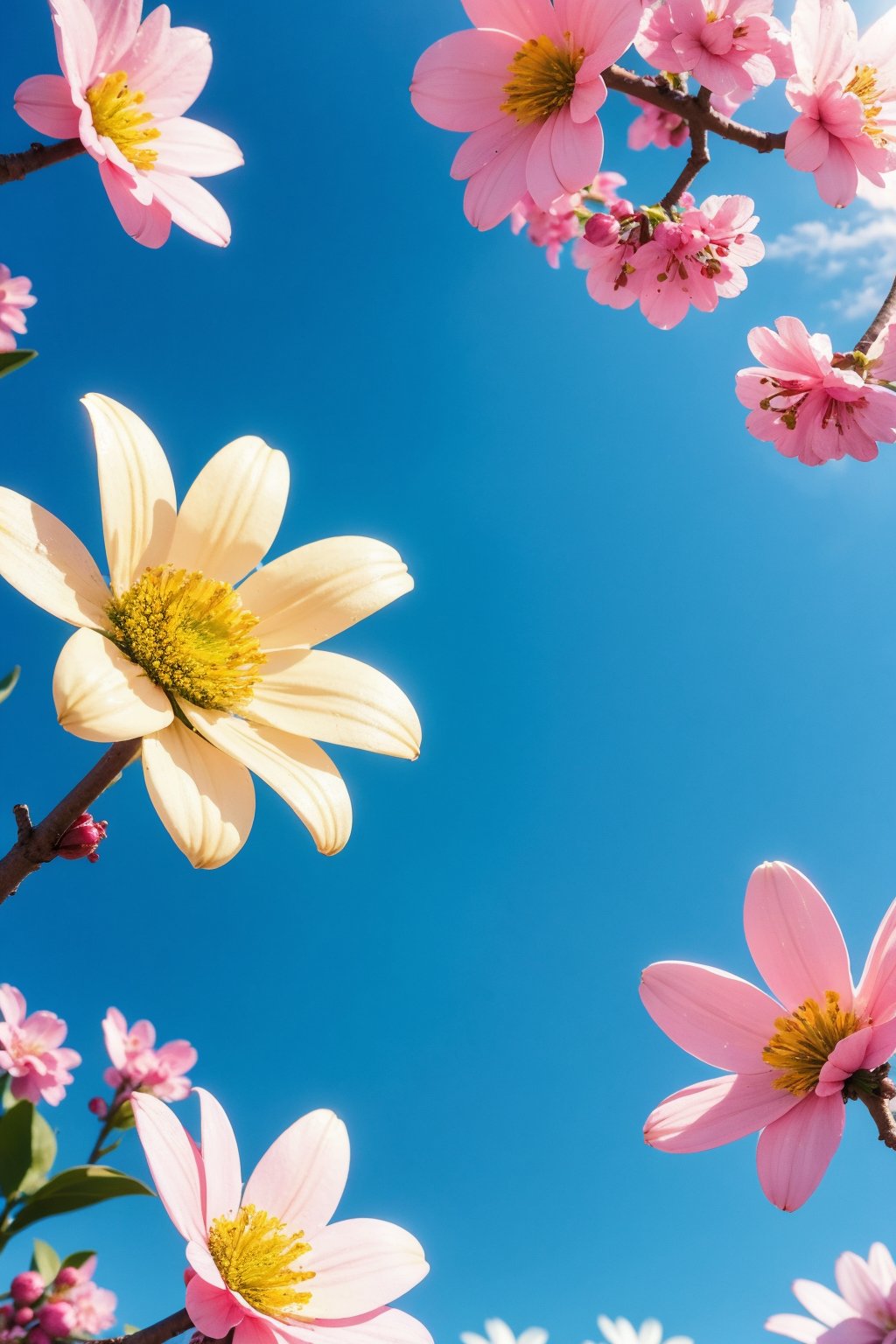 blue sky, branch, cherry blossoms, cloud, daisy, day, lily \(flower\), outdoors,