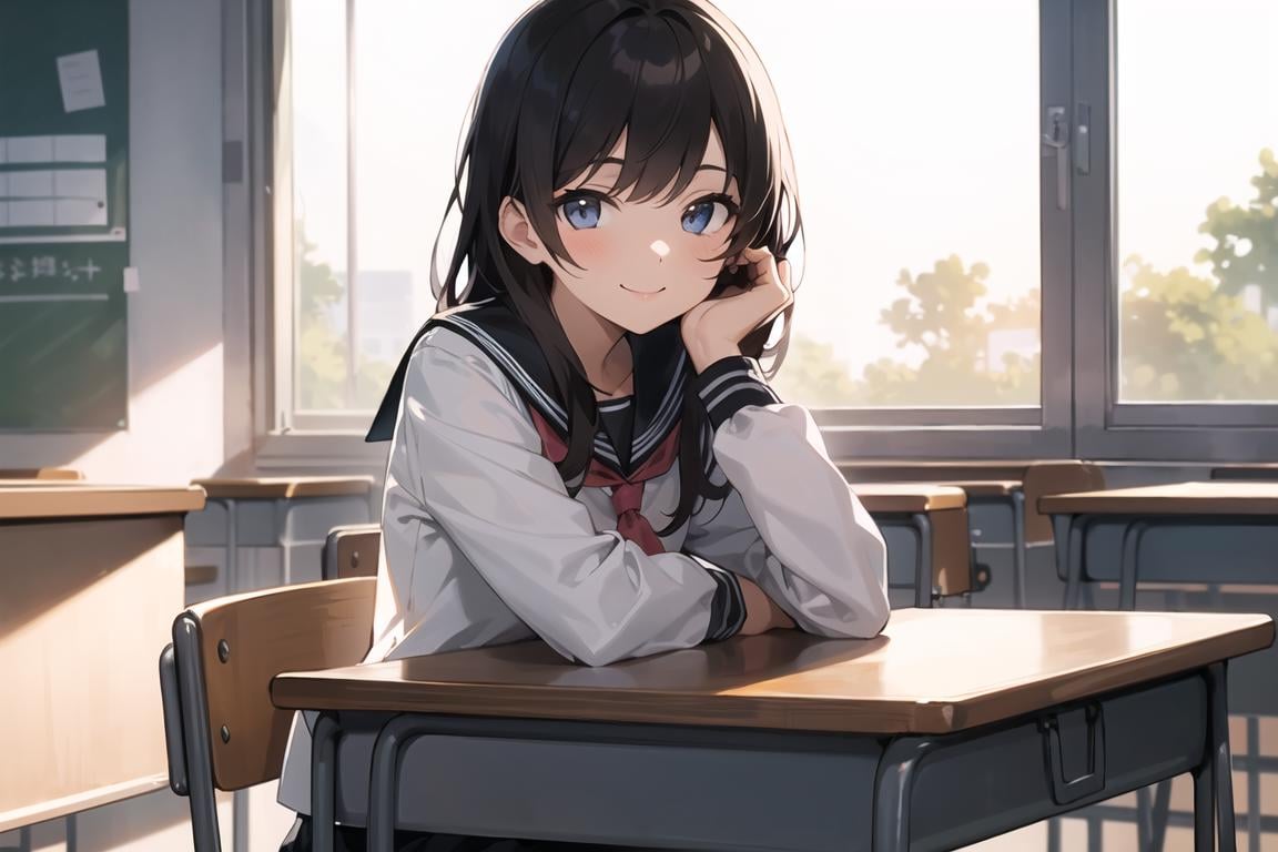 1girl,serafuku,hand on face,elbow on desk,sitting,classroom,sunlight,window,look at viewer,smile