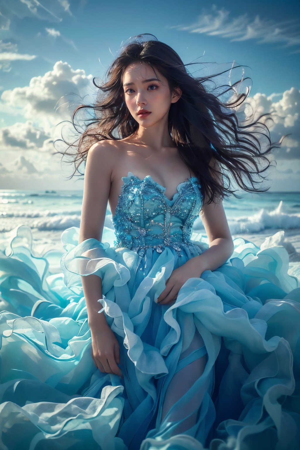 1girl,solo,dress,long hair,strapless dress,strapless,cloud,sky,breasts,bare shoulders,blue dress,realistic,outdoors,day,wind,black hair,cleavage,collarbone,lips,blue sky,jewelry,cloudy sky,ocean,medium breasts,blue eyes,sunlight,watermark,brown hair,parted lips,looking to the side,looking away,floating hair,bare arms,nose,looking at viewer,