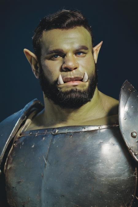 score_9, score_8_up, score_7_up, rating_safe, raw, photo, realistic, 1boy, solo, male focus, mature male, orc, green skin, tusks, blue eyes, short hair, black hair, facial hair, beard, mustache, looking at viewer, armor, shoulder armor, breastplate, pauldrons, upper body, closed mouth, standing, outdoors, night, night sky, dark background <lora:Photo 2 Style SDXL_LoRA_Pony Diffusion V6 XL:1>