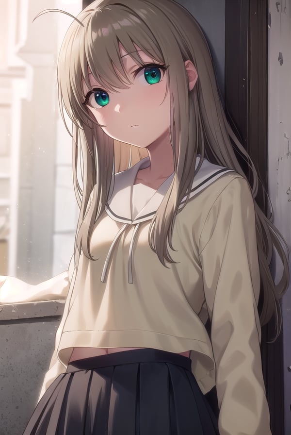 sarasoujushirogane, <lora:sara souju shirogane s1-lora-nochekaiser:1>,sara souju shirogane, long hair, ribbon, brown hair, (green eyes:1.3), ahoge,BREAK skirt, long sleeves, school uniform, serafuku,BREAK indoors, classroom,BREAK looking at viewer, (cowboy shot:1.5)BREAK <lyco:GoodHands-beta2:1>, (masterpiece:1.2), best quality, high resolution, unity 8k wallpaper, (illustration:0.8), (beautiful detailed eyes:1.6), extremely detailed face, perfect lighting, extremely detailed CG, (perfect hands, perfect anatomy),