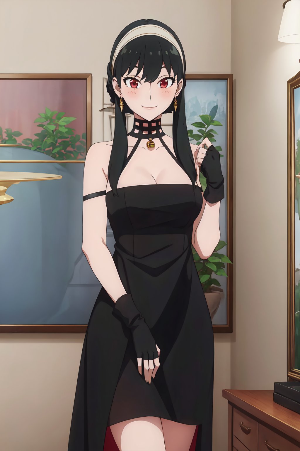 yor briar, 4k, absurd, high resolution, very high resolution, high definition, masterpiece, 1 girl, solo, long hair, looking at viewer, medium breasts, black hair, red eyes, gloves, dress, cleavage, jewelry, locks sides, headband earrings, black gloves, fingerless gloves, black dress, smile, blush<lora:EMS-400146-EMS:0.800000>