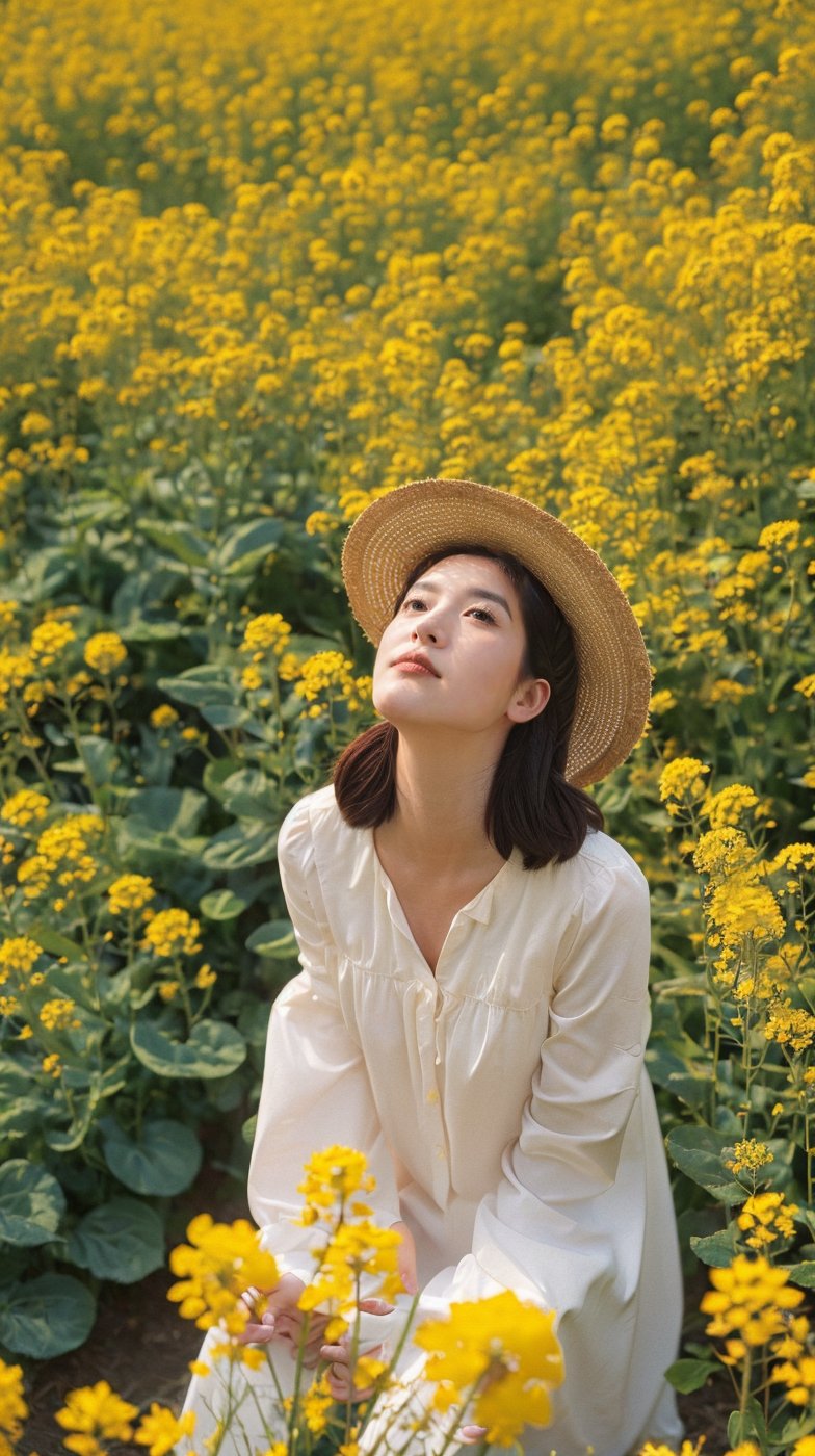 youcaihua, 1girl, solo, hat, flower, yellow flower, looking up, outdoors, black hair, sky, day, blue sky, straw hat, long sleeves, upper body, white shirt, dress, realistic, parted lips, shirt, white dress, sun hat,<lora:zhenshixiezhenV1:0.7>,