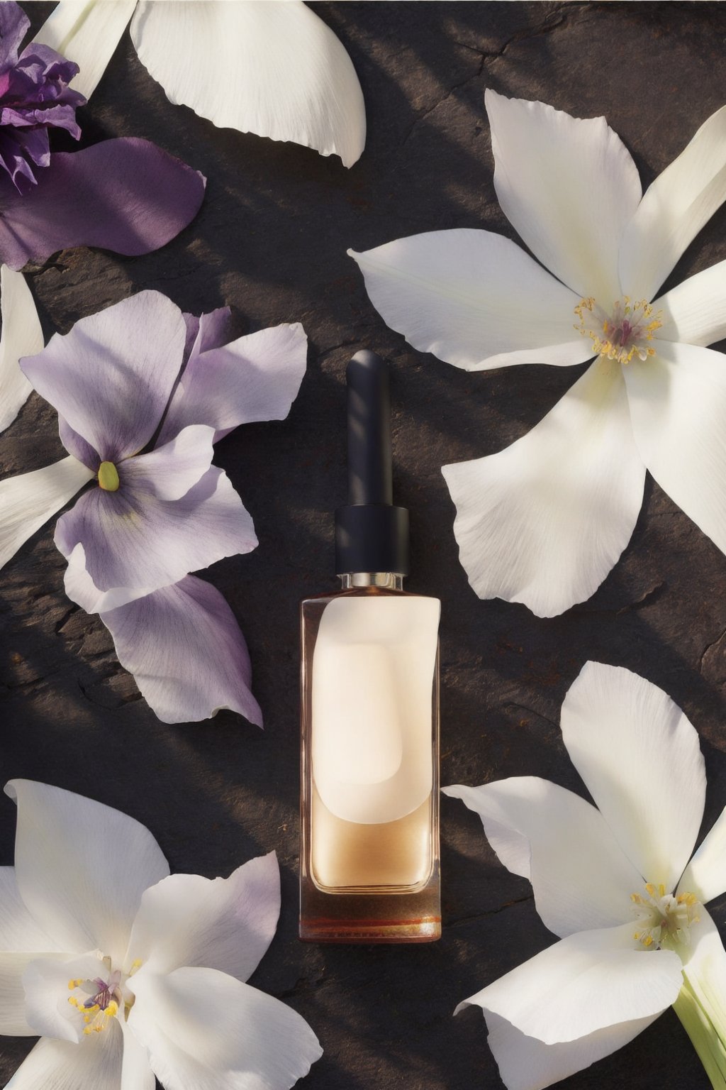 (masterpiece:1.33),(bestquality:1.33),(ultra-detailed:1.21),studio photography,(realistic:1.21),Product Photography,RAW photo,white flowers,purple flowers,leaves,(red flowers:0.8),volumetric lighting,Morning sunlight,square transparent glass bottle,film grain,<lora:MooMoo-Flower Cosmetic:1>,