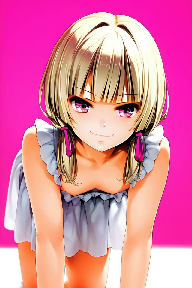 score_9, score_8_up, score_7_up, 1girl, solo, smirk, beige hair, fringed_bangs, low-tied_long_hair, pink eyes, flat chest, all fours, beautiful background <lora:Menyoujan_PonyXL_style_v01.06.01:1>