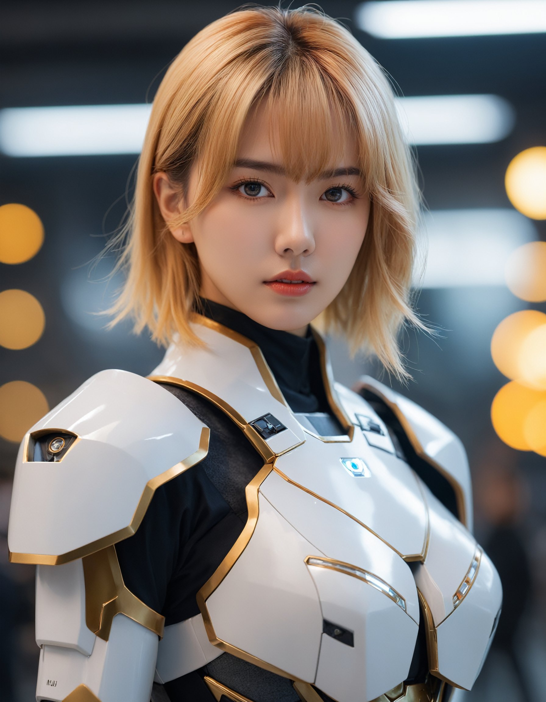 1girl, mecha suit, samurai face mask, menpo, upper body, underboob, portrait, white orange armor, blonde shimmering hair, 8K, RAW, best quality, masterpiece, ultra high res, colorful, (medium wide shot), (dynamic perspective), sharp focus , (depth of field, bokeh:1.3), extremely detailed eyes and face, beautiful detailed eyes,large breasts,black gold, trimmed gear,In a futuristic weapons factory, ((masterpiece, best quality)), niji, from side, upper body, hips