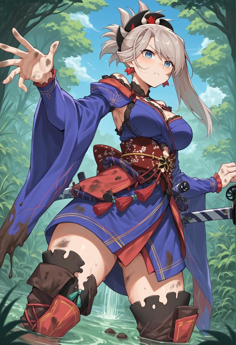 1girl, blue eyes, long hair, grey hair, single sidelock, ponytail, hair ornament, earrings, detached collar, japanese clothes, blue kimono, cleavage, detached sleeves, wide sleeves, obi, magatama, swamp, outdoors, serious, holding katana, reaching towards viewer, mud, dirty, sweat, thighhighs, thigh boots, from below <lora:Musashi:1>, score_9, score_8_up, score_7_up, score_6_up, score_5_up, score_4_up, BREAK source_anime, masterpiece