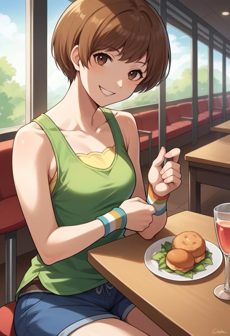 score_9, score_8_up, score_7_up, source_anime BREAK 1girl, solo, <lora:zs_ChieXL:1> chiesummer, brown hair, short hair, brown eyes, green tank top, wristbands, blue shorts, cowboy shot, smile, restaurant, sitting on chair, table, food on table