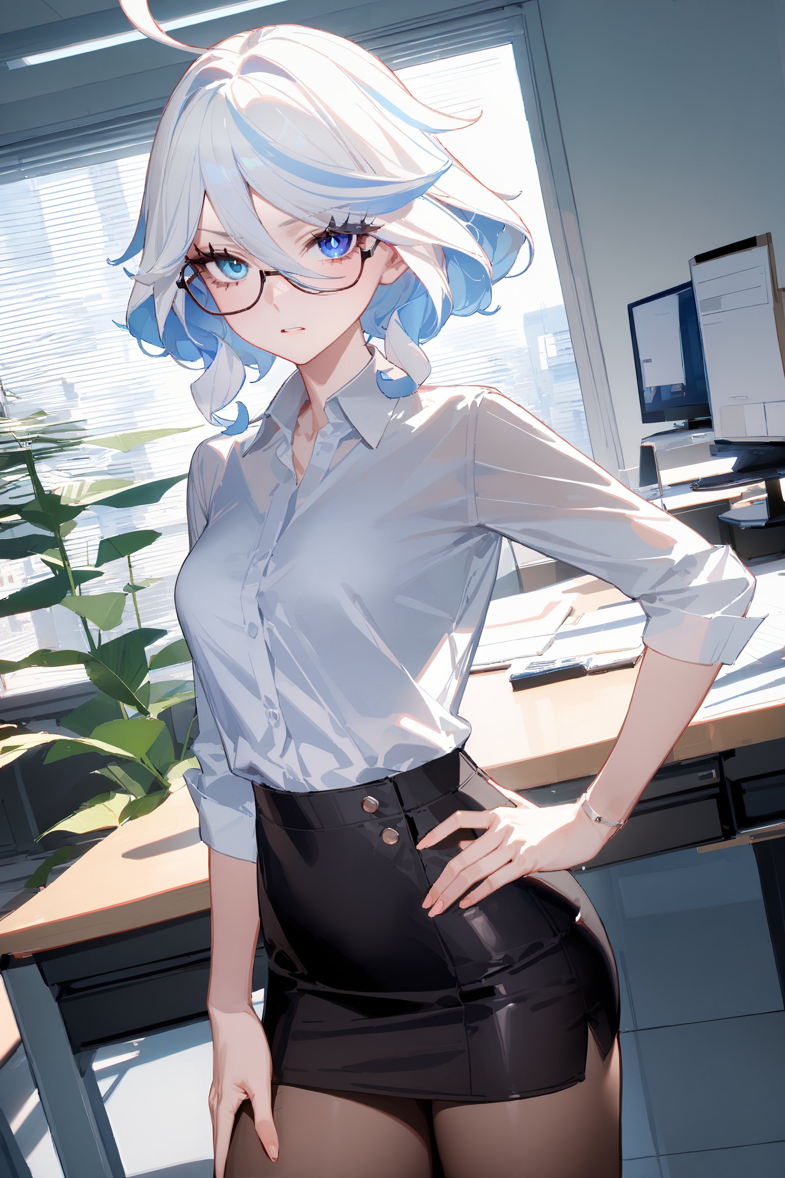 masterpiece, best quality, perfect features, intricate details, ray tracing, newest,(hitenkei, askzy:0.4), 1girl,  furina \(genshin impact\), heterochromia, solo, office lady, white collared shirt, pencil skirt, black pantyhose, glasses, glaring, looking at viewer, hand on hip, office, indoors, depth of field  <lora:Char-Genshin-Furina-XL-V1:0.9>