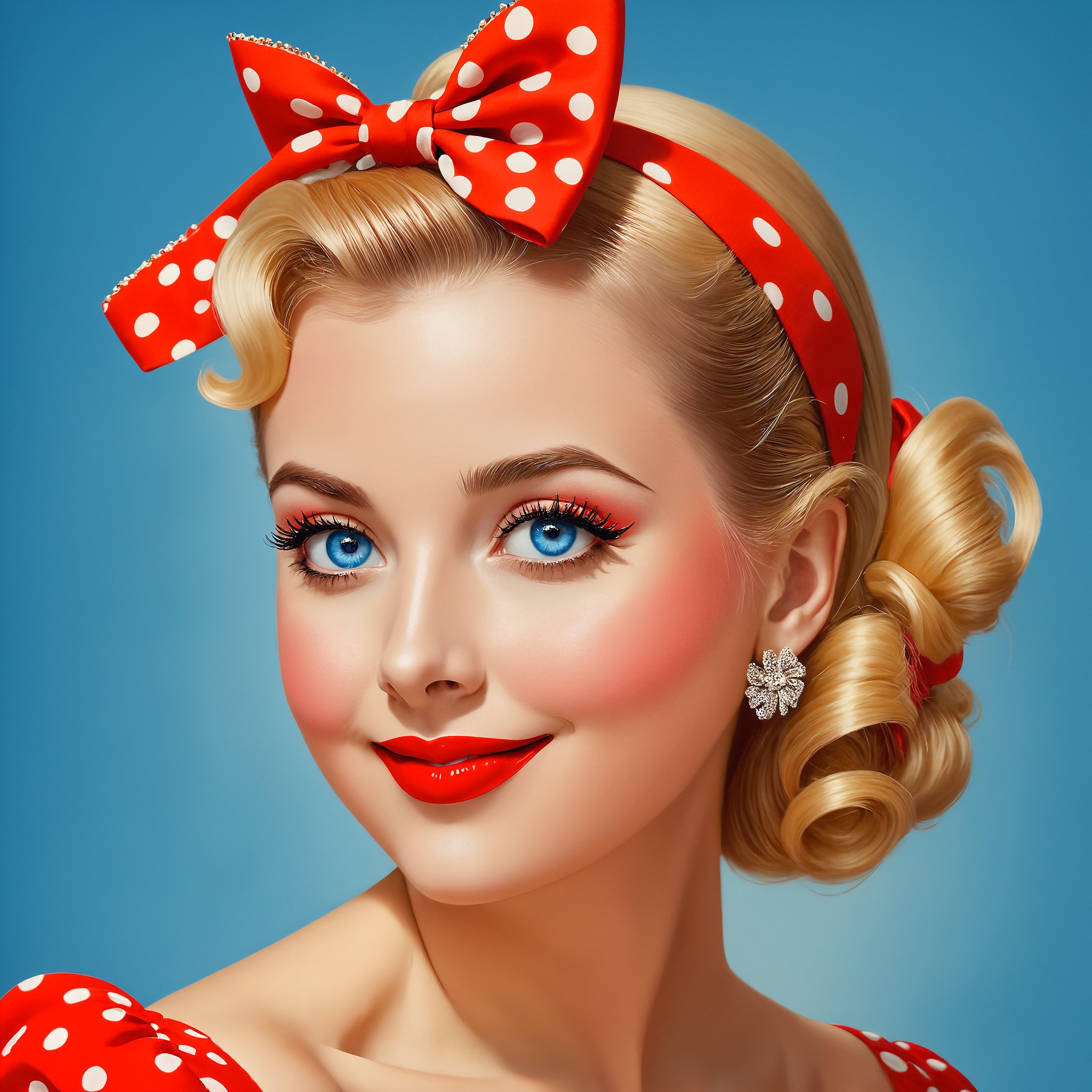 (masterpiece, best quality:1.4), (extremely detailed, 8k), beautypinupart, 1girl, portrait, face, perfect face, (looking at viewer:1.4), blonde hair, 60s bun hairstyle, single hair bun, red hairband with polka dot print, bow hairband, (beautiful, hot, cute, alluring, breathtaking, gorgeous:1.3), innocent, captivating, feminine beauty, wearing a red dress with polka dot print, puffy short sleeves, (detailed face, highly detailed skin, blue eyes:1.2), smiling, makeup, red lips, full lips, long eyelashes, earrings, 60s pinup, simple background, flat color background, contrasting color background, <lora:PinupManiaXL_V1.0:1>