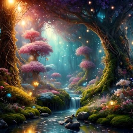 (masterpiece:1.2), (best quality,:1.2), 8k, HDR, ultra detailed, ((photorealistic)), professional light, cinematic lighting, fashion photography, ambient lighting, <lora:detail_slider_v4:2>, OverallDetail, a fantasy forest with magical lights, flowers, a small stream, at night, FeyFa, <lora:FeyAndFairies-10:1>, epiCPhoto