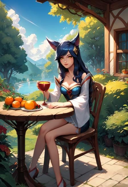 masterpiece,best quality, highly detailed, score_9, score_8_up, score_7_up, score_6_up,source_Anime,<lora:xl_more_art-full_v1:0.8>,BREAK ahri_(league_of_legends), league_of_legends, 1girl, yellow_eyes, black_hair,sitting, <lora:lightXL:0.8>neolight,food, table, sky, outdoors, chair, plant, tree, house, cloud, day, cup, sunlight, fence, fruit