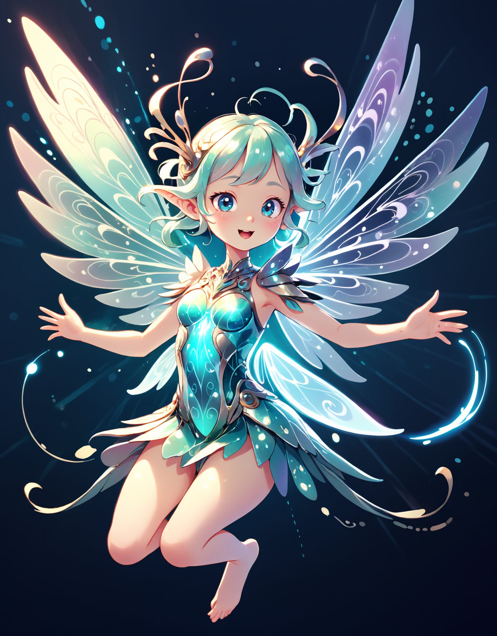 Illustration of a whimsical, ethereal fairy with metallic wings and a playful expression, surrounded by swirling patterns of light and energy as it interacts with a powerful GPU, highlighting the fusion of technology and magic.