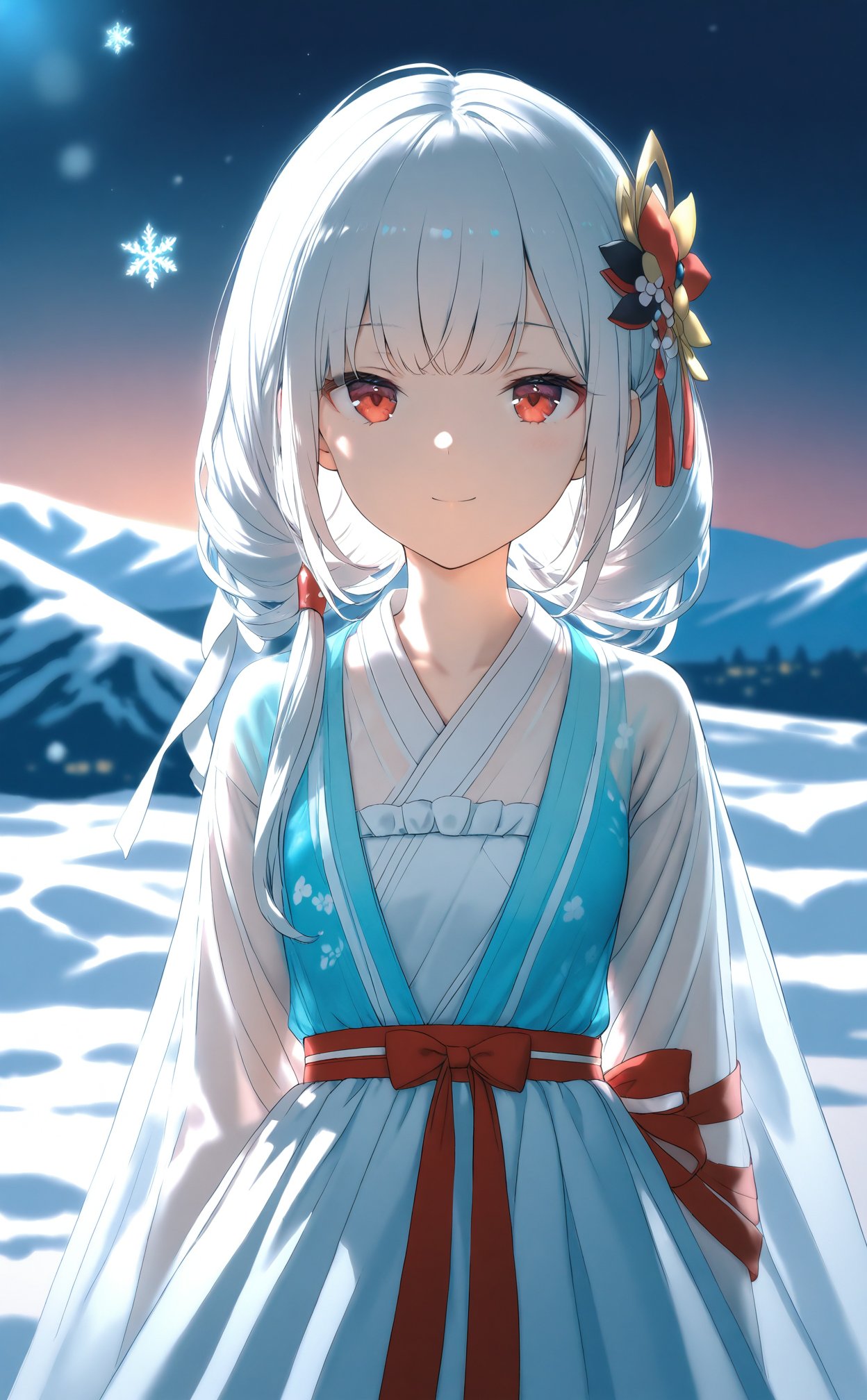 (masterpiece),(best quality),illustration,ultra detailed,hdr,Depth of field,(colorful),night,1girl,solo,red eyes,looking at viewer,hair ornament,upper body,white hair,blurry,bangs,see-through,depth of field,hanfu,smile,floral print,closed mouth,small_breasts,loli,arm_ribbon,white upper shan,white chest po skirt,light blue waistband,white pibo,in winter,snowflakes,hills,