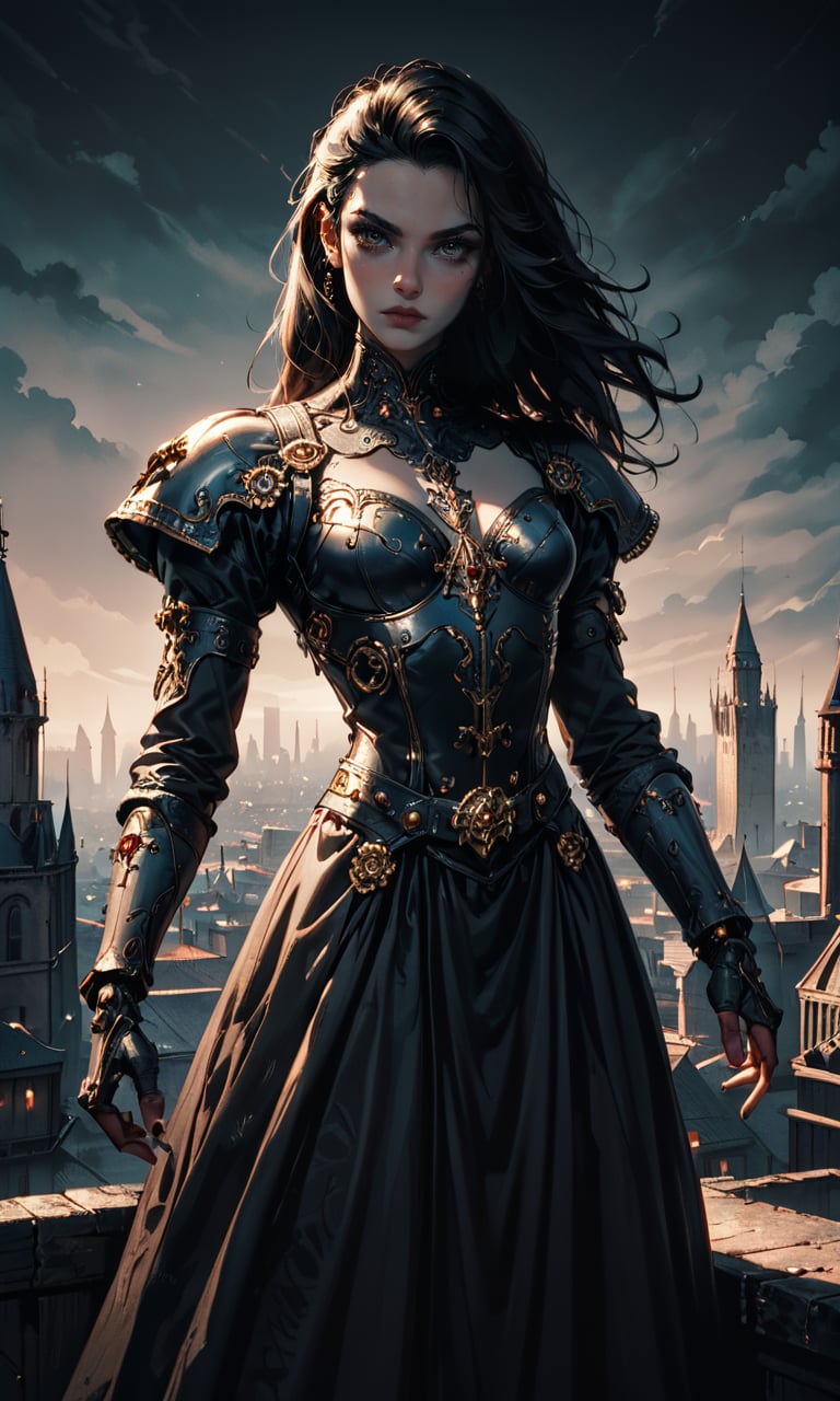 score_9, score_8_up, score_7_up, Gothic art, dark tones, dramatic lighting, high contrast, medieval influence, ornate, mysterious, detailed armor, cyberpunk elements, cityscape, atmospheric, moody, haunting beauty, sharp shadows, textured, (dynamic pose:1.4), depth of field, gold embedded