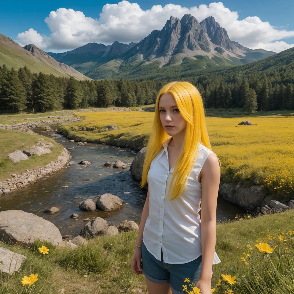 (yellow hair 1girl, solo, looking at viewer:1.1), outdoors, cloud, landscape, grass, tree, mountain, nature, blue sky, rock, flower, scenery, river, high quality, best quality, masterpiece, absurdres, detailed background, <lora:HD_Backgrounds_For_SD_1.5_-_V2:0.2>