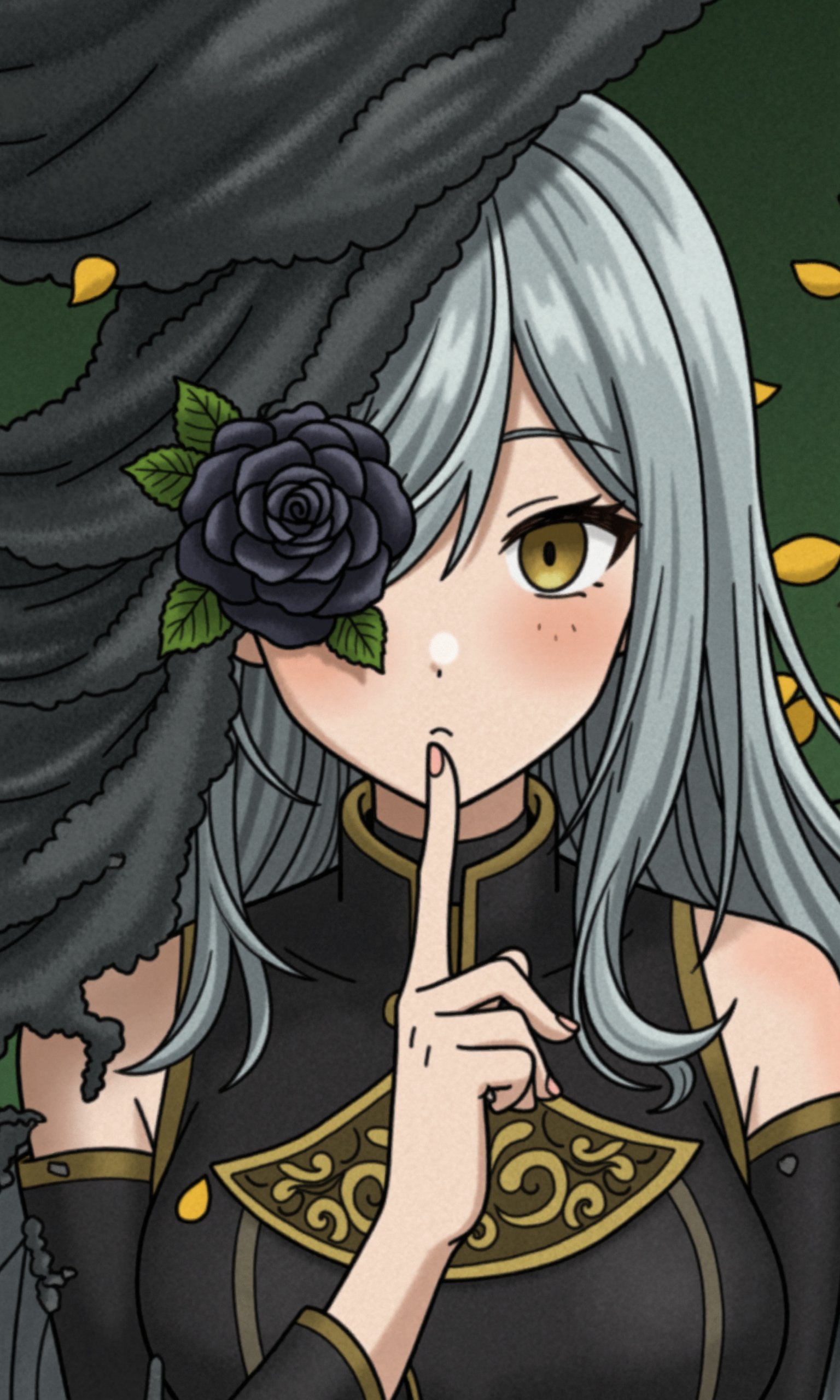 An expressive anime portrait of a woman with long, silver hair. She is enveloped in a swirling mist of black and gold, giving a dramatic and otherworldly feel. A black rose blooms over one eye, attached to her face. The background is a deep green, scattered with golden petals. She holds a finger to her lips, signaling silence.