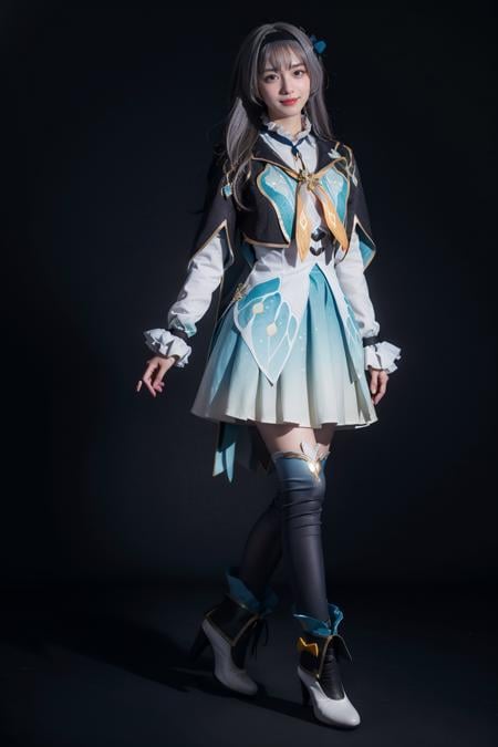 best quality,masterpiece,realistic,photorealistic,1girl,solo,smile,looking at viewer,standing,full body,arm at side,firefly cosplay costume,cosplay,long hair,grey hair,dress,cropped jacket,capelet,shirt,skirt,long sleeves,frilled sleeves,bow,neckerchief,ribbon,fingerless gloves,hairband,hair bow,hair ornament,gradient legwear,gradient thighhighs,ankle boots,high heel boots,simple grey background,<lora:Honkai_StarRail_Firefly_costplay_costume_v1:0.7>,