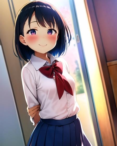 (pija pianissimo), 1girl, blush, smile, cowboy shot, dynamic angle, arms behind back, small breasts, looking_at_viewer, school_uniform, shirt, skirt,  <hypernet:pija-23200:1>