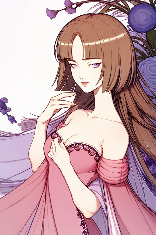 score_7_up, 1girl, naughty_smile, hand_on_own_chest, light_brown hair, short_bangs, hime_cut, light_purple eyes, medium breasts, beautiful background <lora:Amano_Yoshitaka_PonyXL_style_v01.10.01:1>