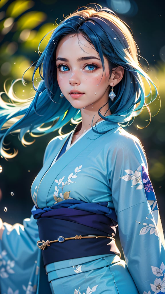 (best quality, masterpiece, colorful, highest detailed) upper body photo, fashion photography of cute (young cute french girl), floating blue hair, long hair, (water:0.7), waterdrop, wet, high detailed blue kimono texture, intricate pattern, ultra detailed, (textured clothing), (ultra-detailed body), (light smile:0.3), softlight passing through hair, (monochromatic bokeh background), (dynamic angle), (intricate details), (dynamic angle)