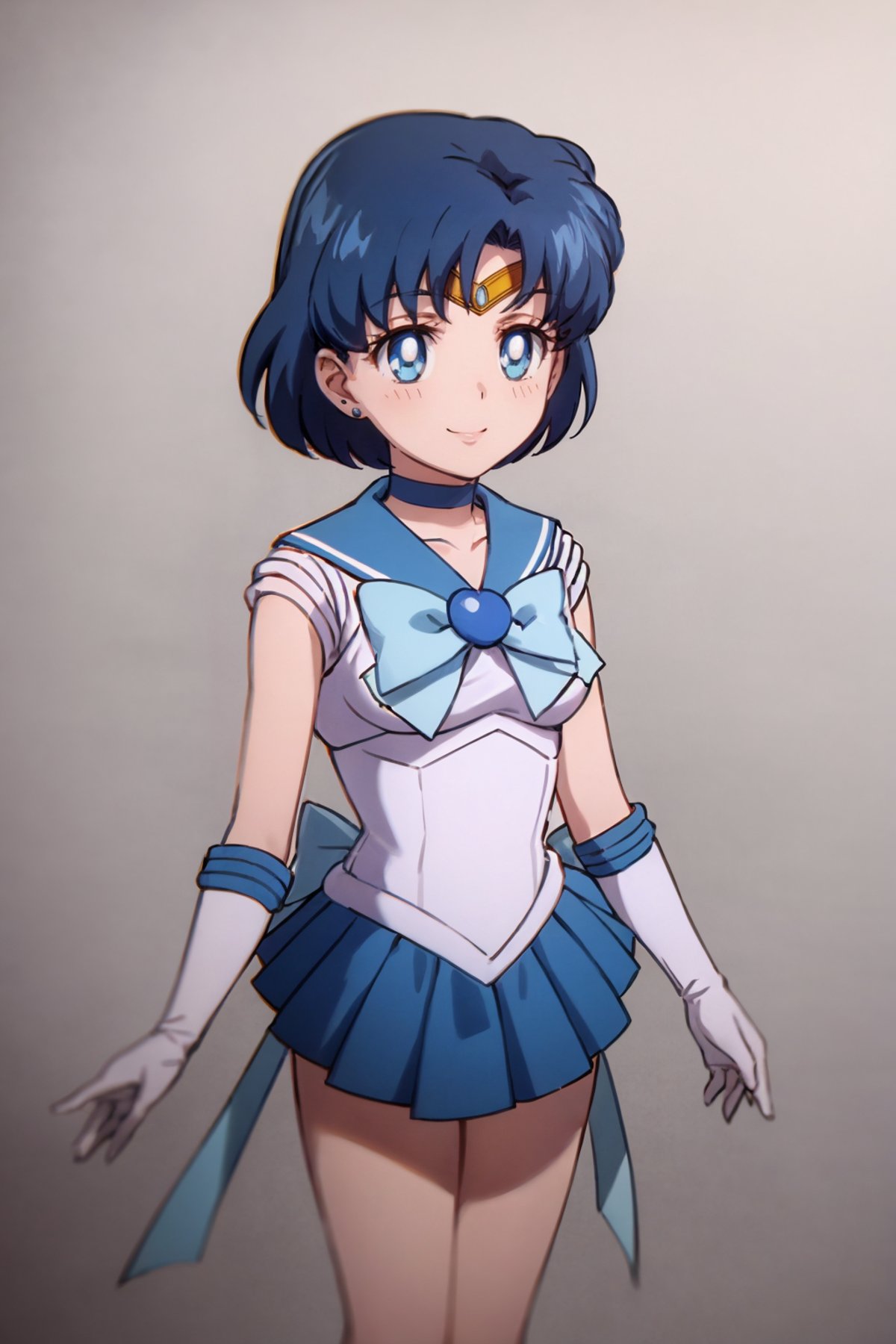 masterpiece, best quality,1girl, chibi, sailor mercury, blue hair, short hair, blue eyes, tiara, bow, choker, sailor collar, skirt, circlet, earrings, elbow gloves,  knee boots, magical girl, pleated skirt, sailor collar, sailor senshi uniform, smile, upper body, solo, looking at viewer, simple background, solid grey background     <lora:SailorMercury:1>