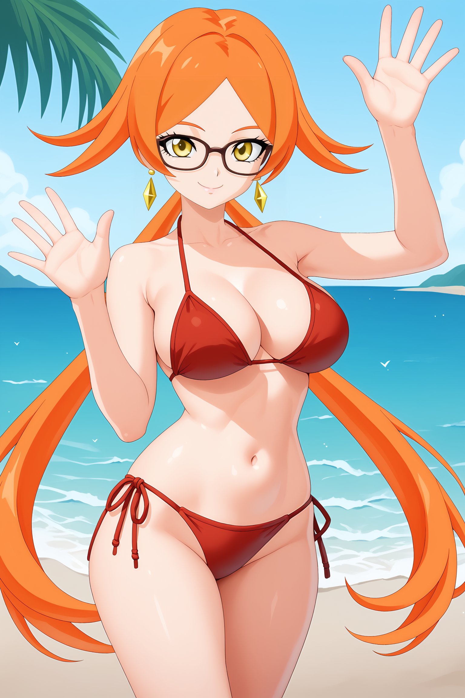 score_9, score_8_up, score_7_up, score_6_up, 1girl, solo, red bikini, beach, waving hello,  looking at the viewer, ddeeuussaa, long hair, smile, large breasts, very long hair, orange hair, twintails, yellow eyes, ponytail, earrings, glasses,  <lora:deusa-lluminartis:1>