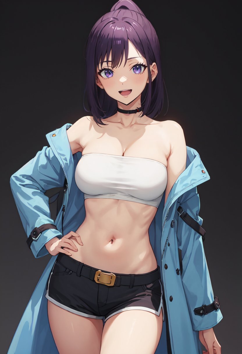 best quality, masterpiece, highres, solo, (sung_jin_ah_sololeveling:1.10), bandeau, belt, coat, cowboy shot, looking at viewer, midriff, navel, open clothes, open coat, short shorts, shorts, smile, standing, stomach, strapless, long sleeves, tube top, wide sleeves, :d, crop top, open mouth, hand on hip, hand up, simple background, thighs, cleavage, jacket, anime_style, 16 <lora:sung_jin_ah_sololeveling:0.80>