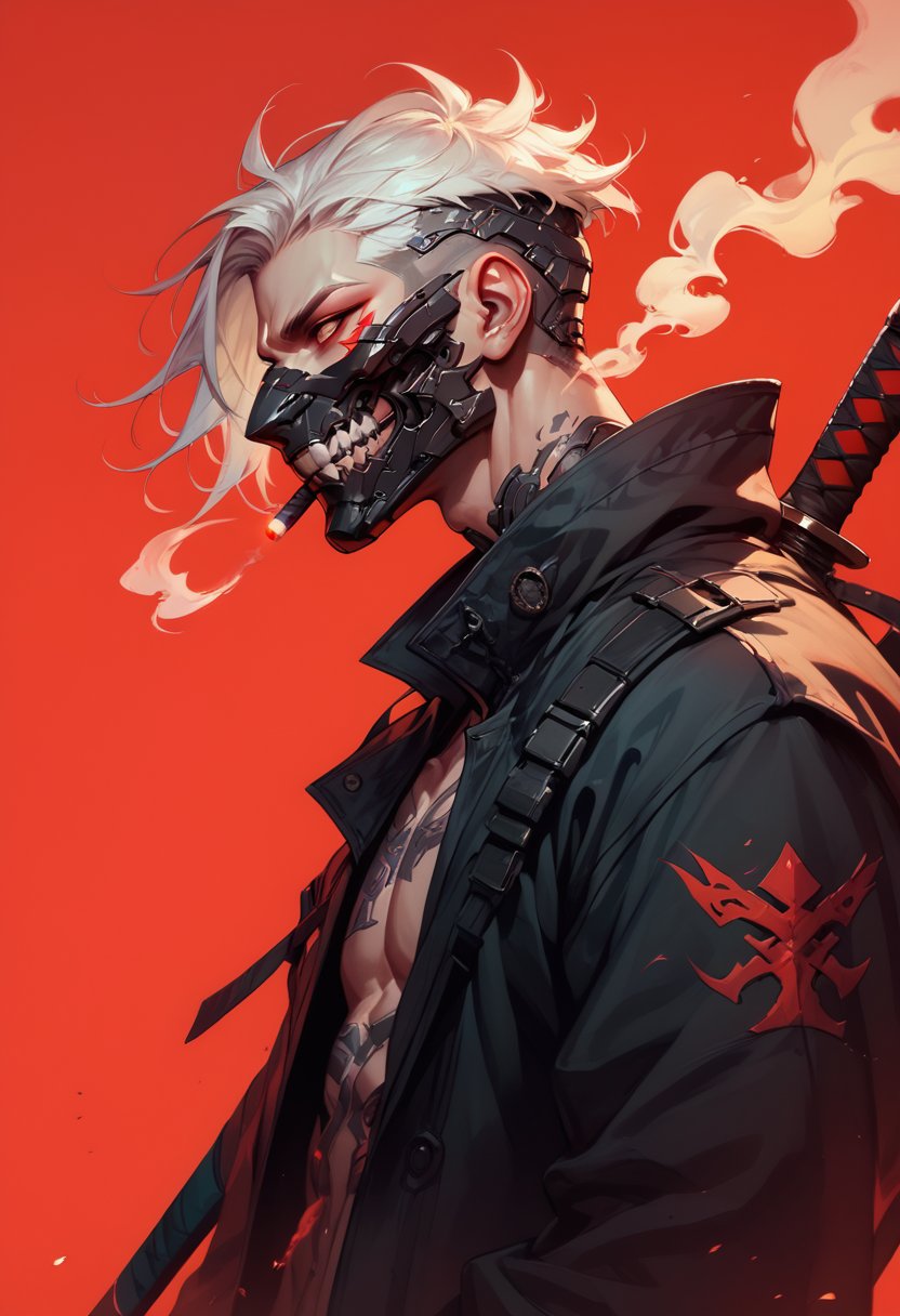 (score_9, score_8_up), score_7_up, zPDXL, solo, short hair, simple background, red eyes, 1boy, upper body, weapon, white hair, male focus, sword, from side, coat, tattoo, profile, mask, katana, sheath, red background, smoke, cigarette, black coat, sheathed, mouth mask, red theme, weapon on back, cyberpunk<lora:BioPunky:0.9>