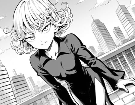 score_9, score_8_up, score_7_up, source_anime,tatsumaki, <lora:opm-tatsumaki-manga-ponyxl-lora-nochekaiser:1>,tatsumaki, short hair, curly hair, monochrome, greyscale,long sleeves, dress,outdoors, cityscape, bent over, smile,looking at viewer, cowboy shot, solo, dutch angle,