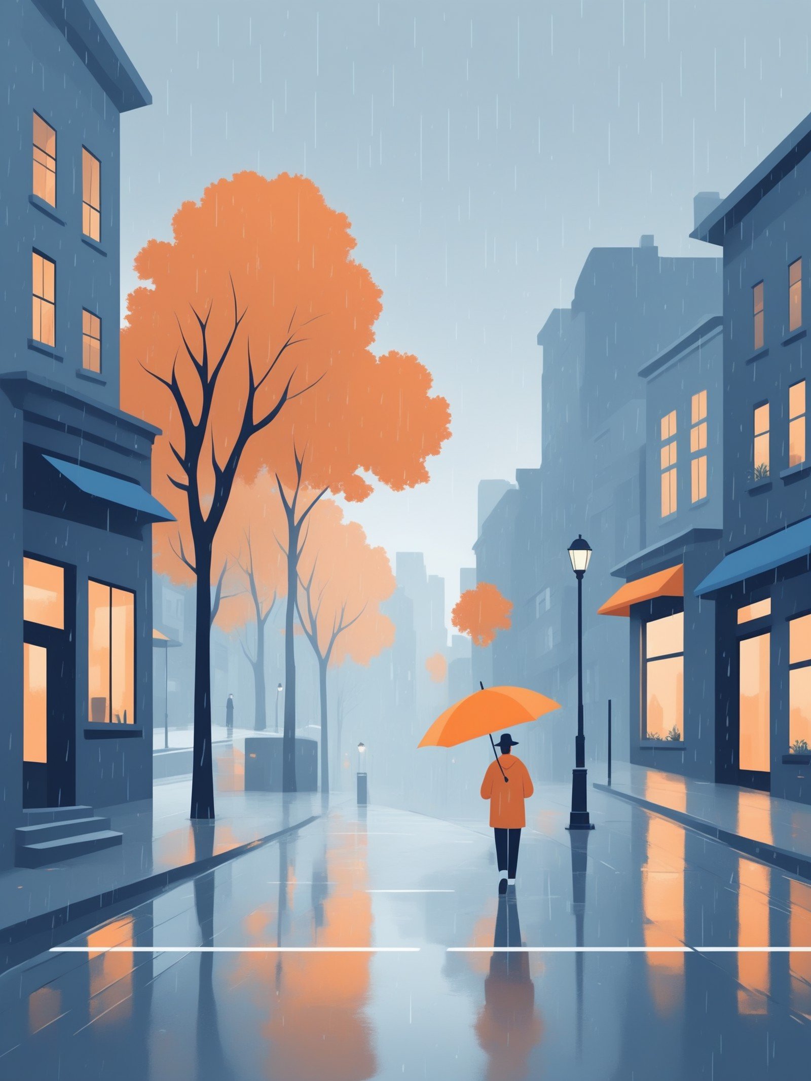 FRESHIDEAS landscape,ultra minimalist,american cartoon,adobe illustrator,rainy day,darker tone,graphic design style,flat color,cooler orange color with gray blue tint with street view on the side of the canvas,keep the middle empty,ultra simplistic,minimalist and cute cartoonish,the tone should be warm and light,add a little variation in colors instead of just orange,