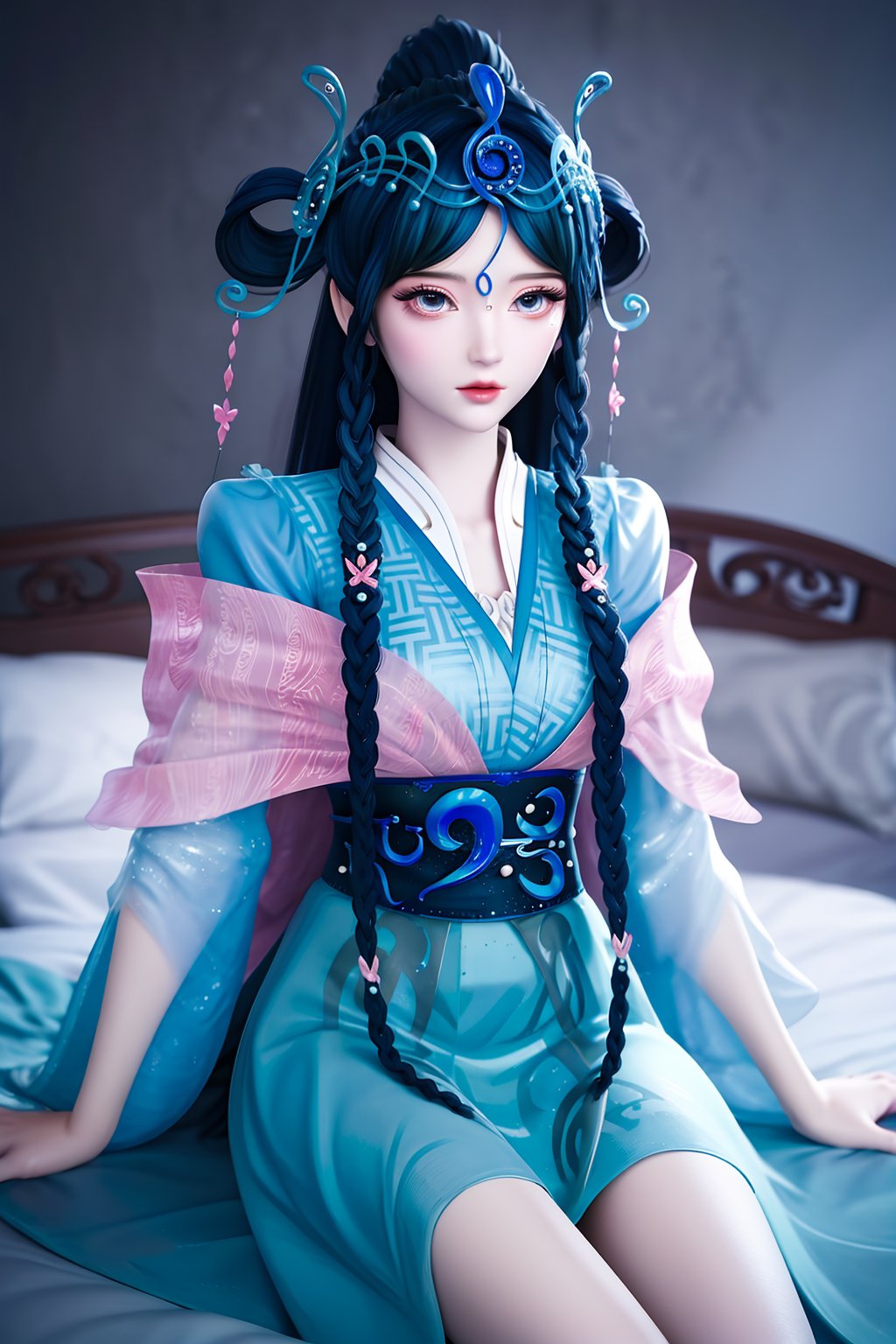 crystalstexture skin,best quality,masterpiece,ultra detailed,8k,RAW photo,realistic,photorealistic,ultra-detailed,intricate detail,extremely detailed,delicate pattern,masterpiece,looking at viewer,bed,<lora:C_精灵叶罗丽_乐音_FEB_1:0.7>,1girl,solo,braid,hair ornament,long hair,twin braids,hair rings,makeup,sash,chinese clothes,forehead mark,bug,blue dress,sitting,