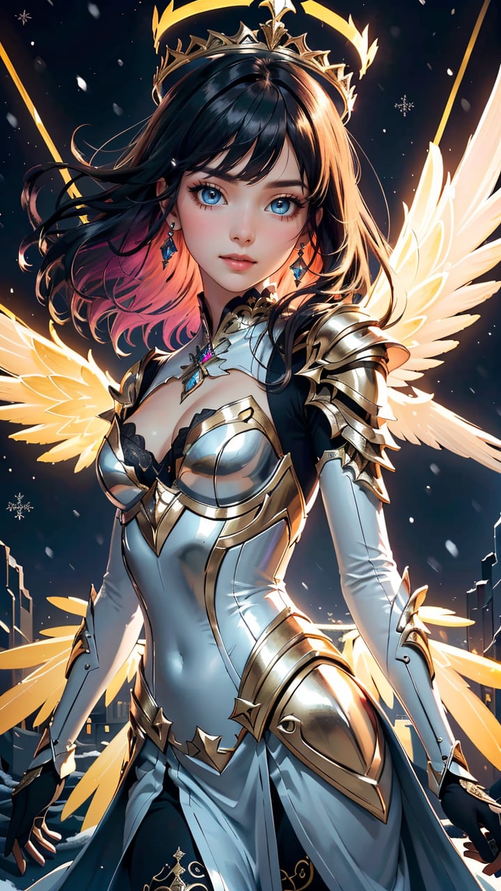 (best quality, masterpiece, colorful, dynamic angle, highest detailed)upper body photo, full body photo, fashion photography of cute mechangel, glowing 4 wings, solo, glowing armor, glowing halo, building, glowing mechanical 4 wings, Santa Clauss hat, (intricate details, hyperdetailed:1.15), detailed, perfect snowing night, light passing through hair, (official art, extreme detailed, highest detailed), HDR+