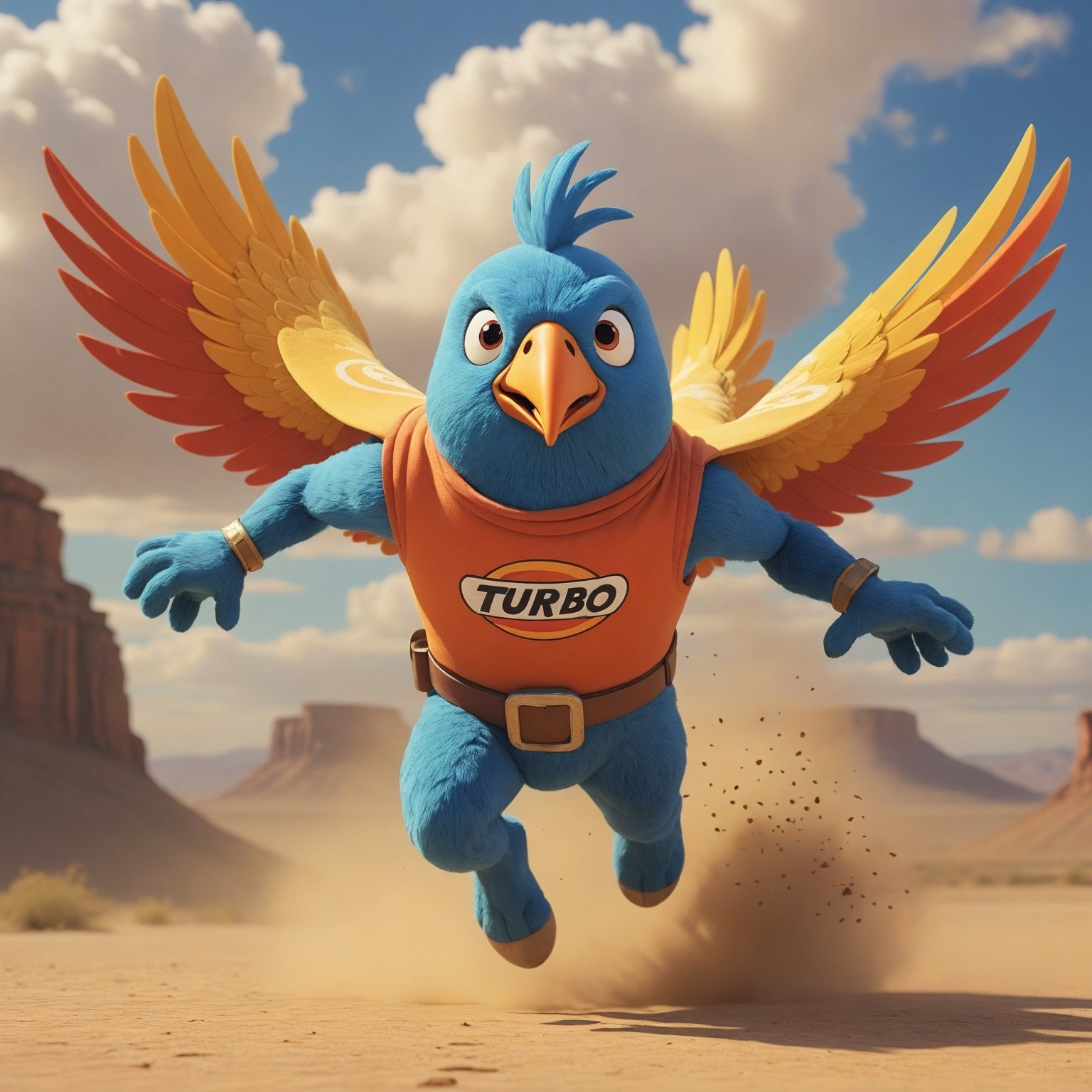 (masterpiece stylized dramatic close up of:1.1) Saturday Morning Cartoon cartoon cartoon animation of a happy mascot Cartoon bird running super fast across the desert with a cloud of dust behind him, under the text "turbo speed" logo title in top left hand corner,low-budget cel shaded by Hanna Barbera