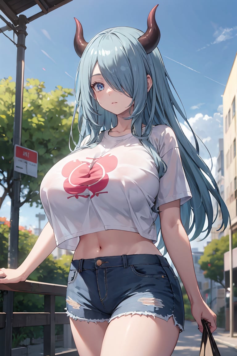 masterpiece, best quality, ultra-detailed, glistening shiny, glowing light, ray tracing, HDR, deph of field, (perfect face, detailed face), <lora:RosaryCornelica:0.7>, rosarycornelica, long hair, hair over one eye, demon horns, huge breasts, t-shirt, crop top, denim shorts, walking, outdoors