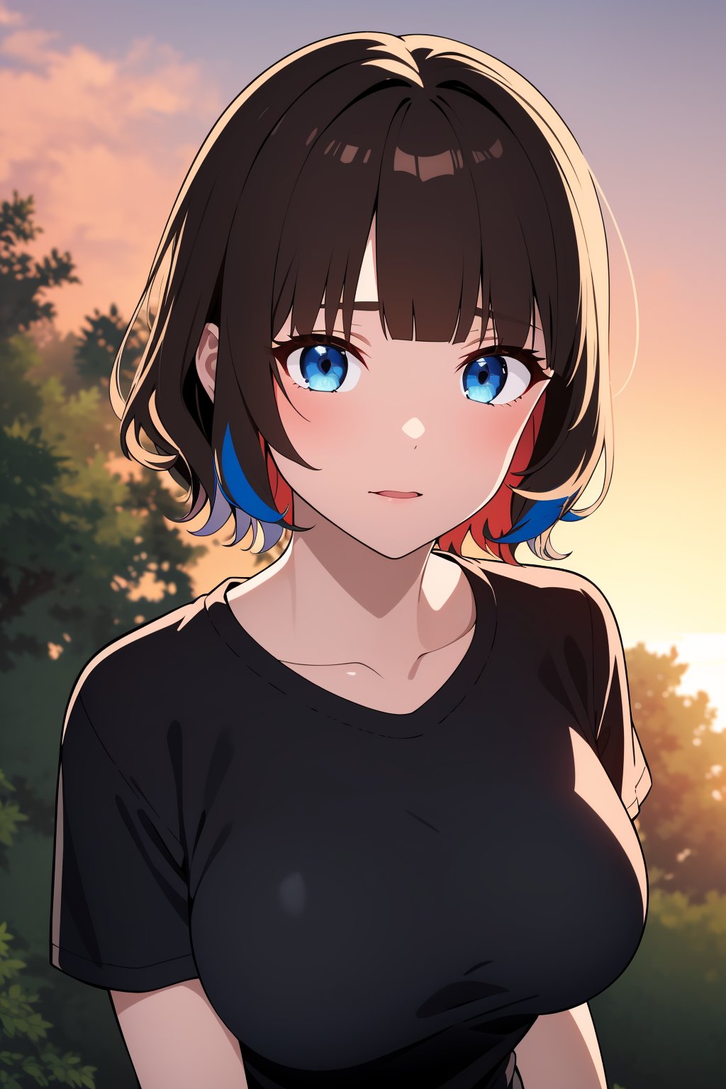 1girl, solo, expressive eyes, perfect face,short hair, wavy hair, streaked hair, blunt bangs, brown hair, blue eyes, large breasts, black t-shirt,forest, sunset, portrait, from above,masterpiece, best quality,