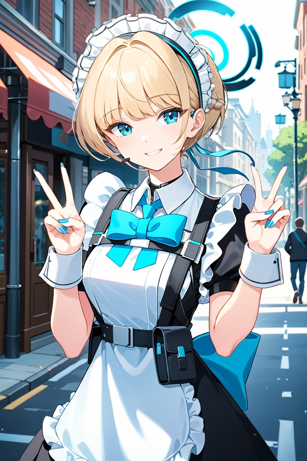 masterpiece, official art, no text, toki \(blue_archive\), halo, blond hair, long hair, breasts, medium breasts, maid, short hair, on street, outdoors, double v, smile, blue nails, upper body, depth of field <lora:last3-000005:0.8>