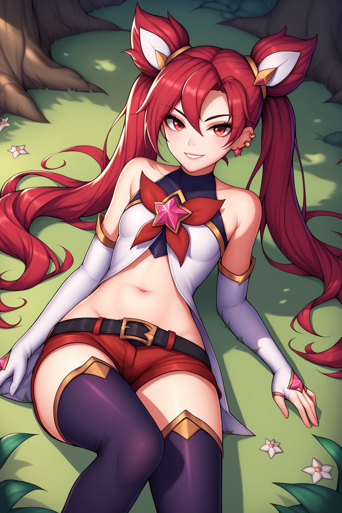 score_9, score_8_up, score_7_up, score_6_up, score_5_up, score_4_up, JinxSGLoLXL, star guardian (league of legends), red eyes, red hair, hair between eyes, twintails, cone hair bun, long hair, bangs, ear piercing, small breasts, bare shoulders, white dress, star (symbol), black elbow gloves, white elbow gloves, navel, black belt, red shorts, purple thighhighs, solo, lying on grass, seductive smile, looking at viewer, forest, tree <lora:JinxSGLoLXL:0.8>