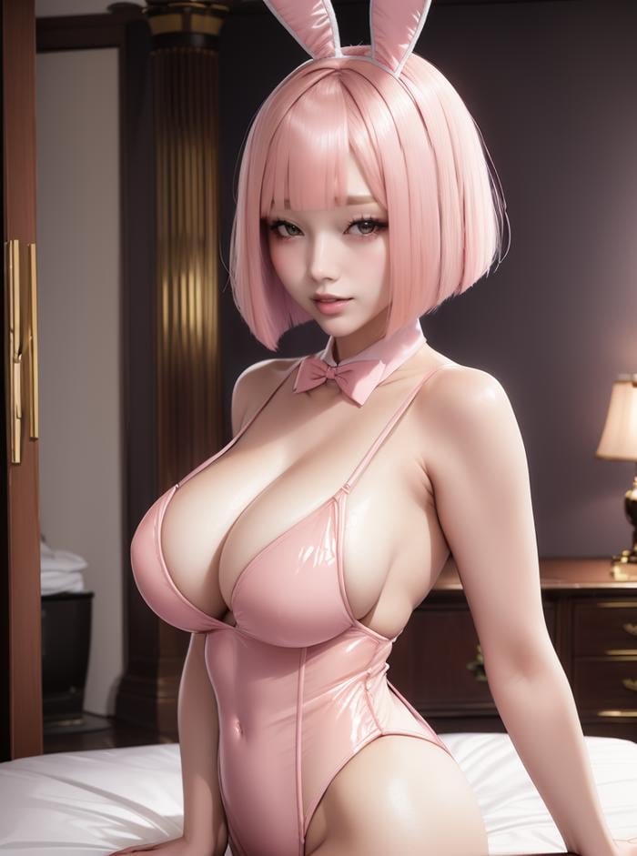 beautiful woman with (sliced bob) <lora:sliced_bob-2.0:0.8>,centerfold, seductive pose, (flirty),8k, masterpiece, highly detailed, solo,(Enclosure),((pink playboy bunny leotard))