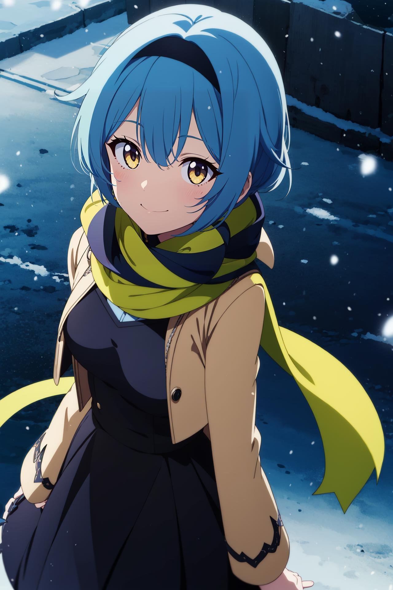 1girl,solo,smile,dress,dress,scarf,snowing,from_above,snow,starry background, starry,looking at viewer, wind, night_time,anime screencap, anime_keyvisual,breasts <lora:eulaGenshinImpact_v10:.6>,blue_hair,yellow_eyes,hair_band, anime_coloring,anime_keyvisual, colorful,vivid<lora:envybetterhandsLocon_beta2:1>