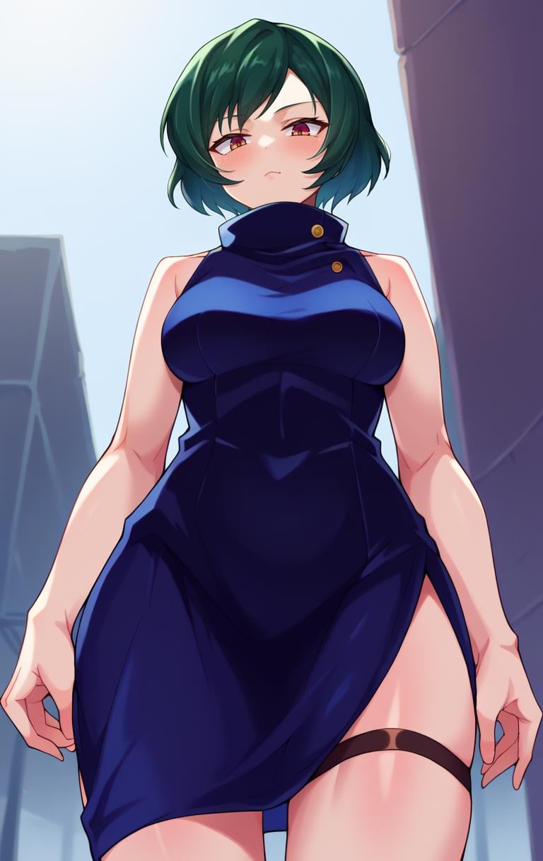 score_9,score_8_up,score_7_up BREAK <lora:Mai:1>,MaiZeninSDXL,1girl,solo,short hair,green hair,brown eyes,black hair,dress,thighs strap,bare shoulders,sleeveless,high collar,sleeveless dress,cowboy shot,street background,from below,